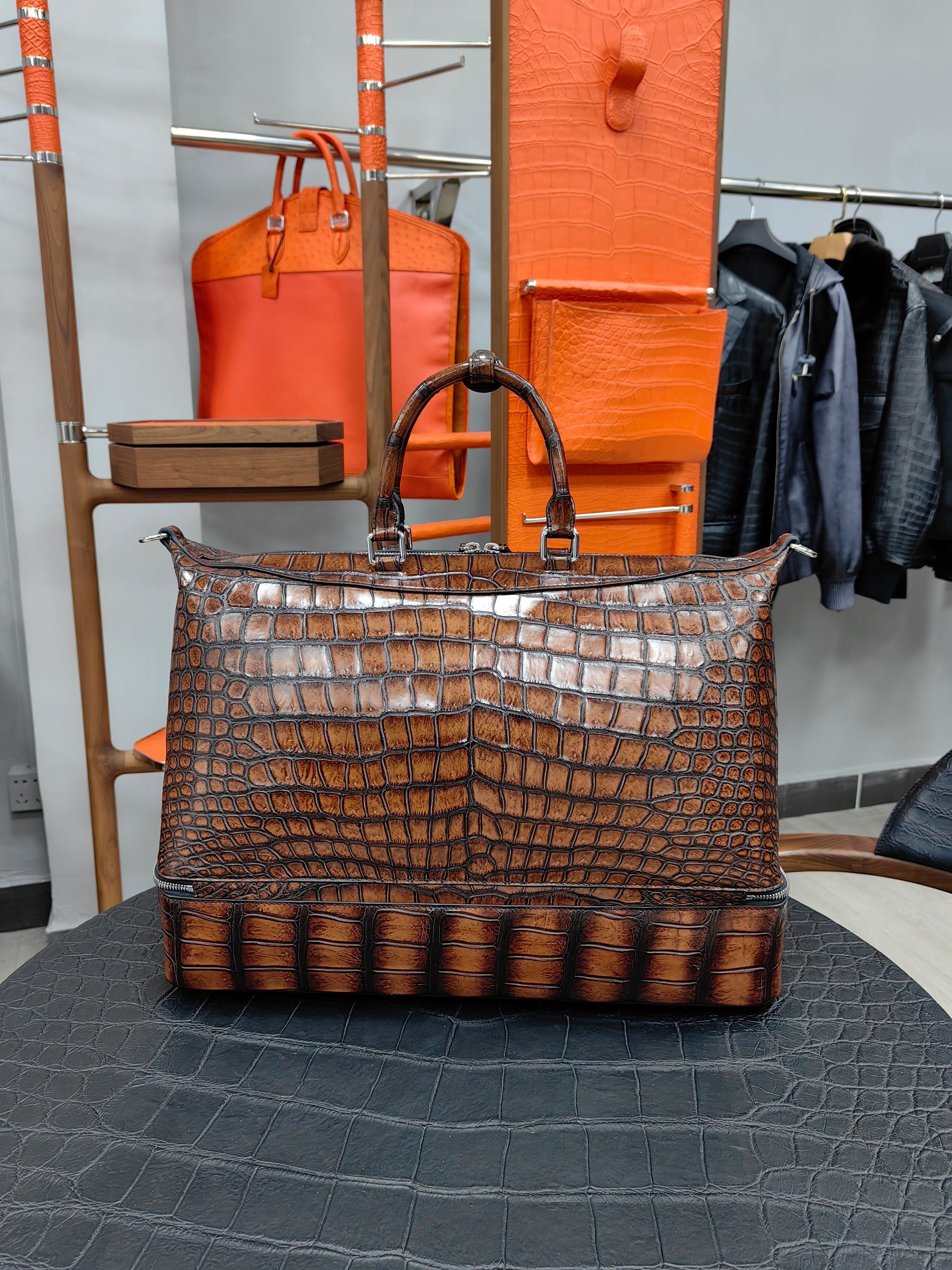 Unisex Vintage Genuine Crocodile Leather Travel Duffel Bag ,Golf Toilet Bag