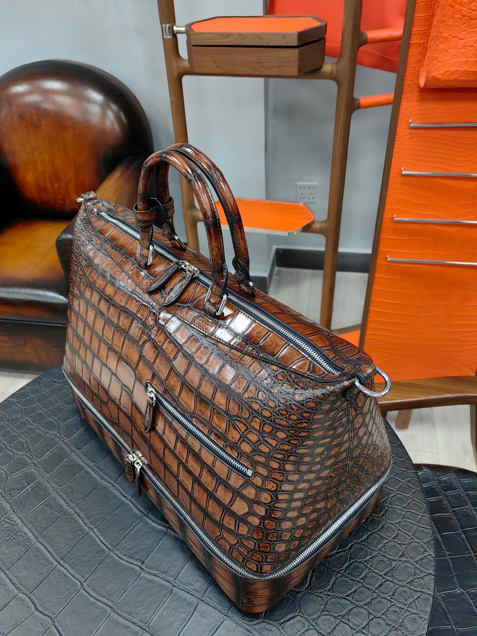 Unisex Vintage Genuine Crocodile Leather Travel Duffel Bag ,Golf Toilet Bag