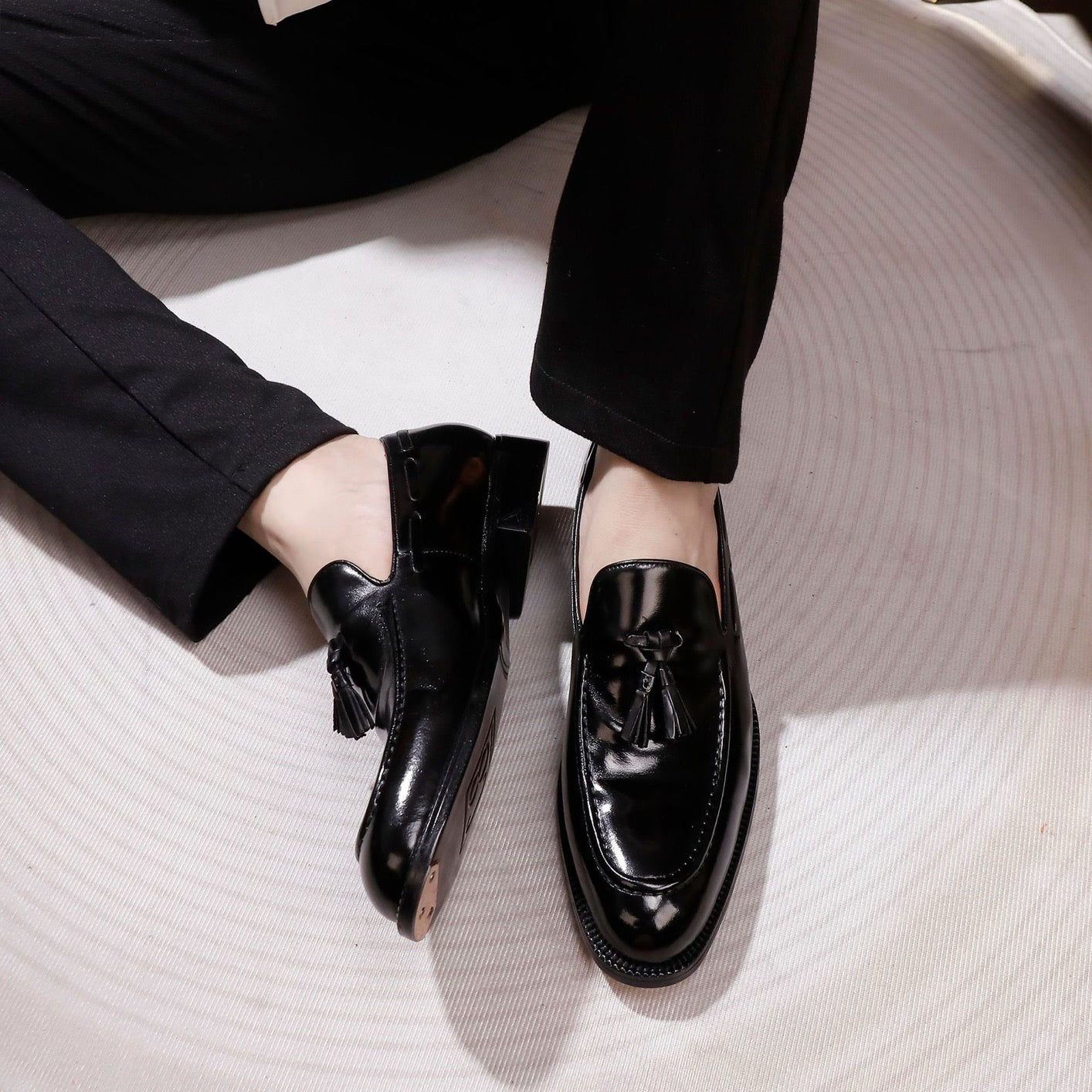 Preorder Genuine Shell Cordovan Leather Loafer Shoes With Tassle Dark Blue