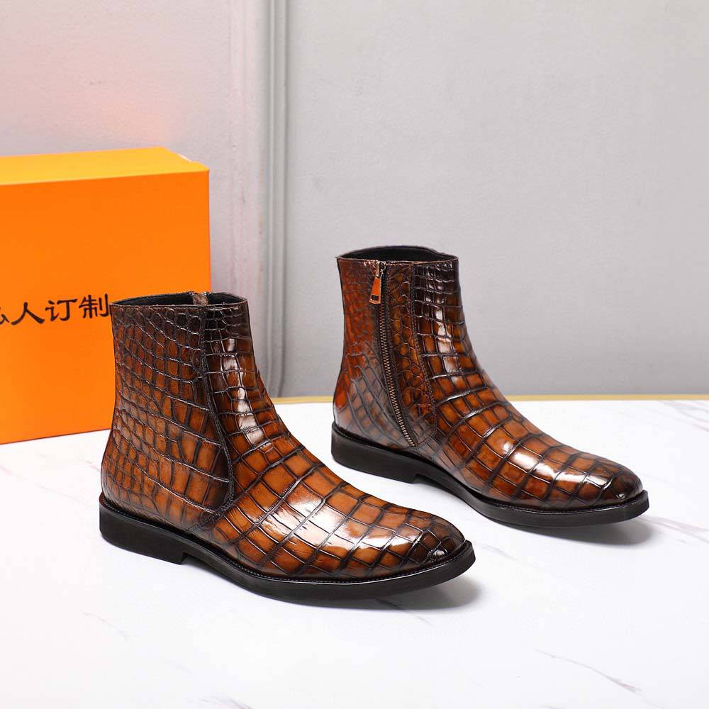 Crocodile Shoes Men's Crocodile Leather Side Zipper Chelsea Boots