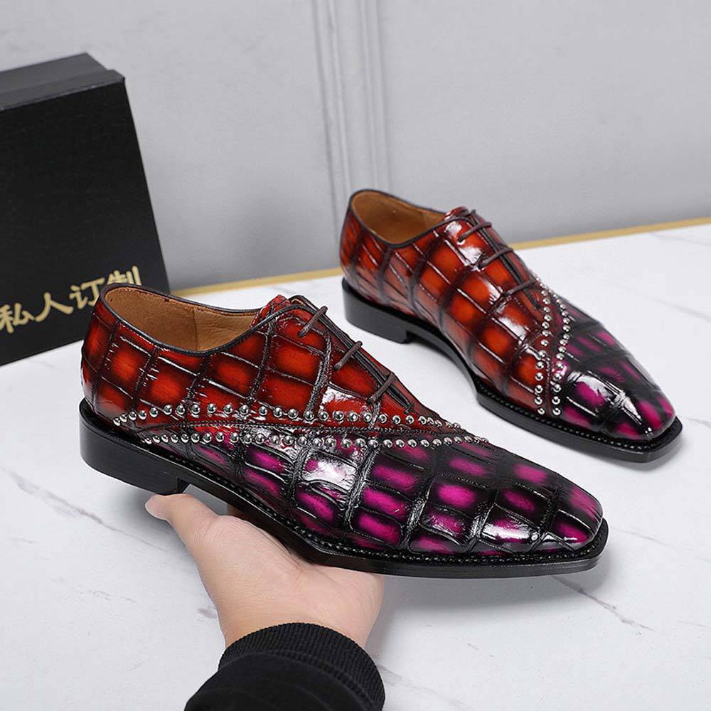 Crocodile Shoes Men's Crocodile Leather Shoes Lace Up Shoes Vintage Brown & Pink