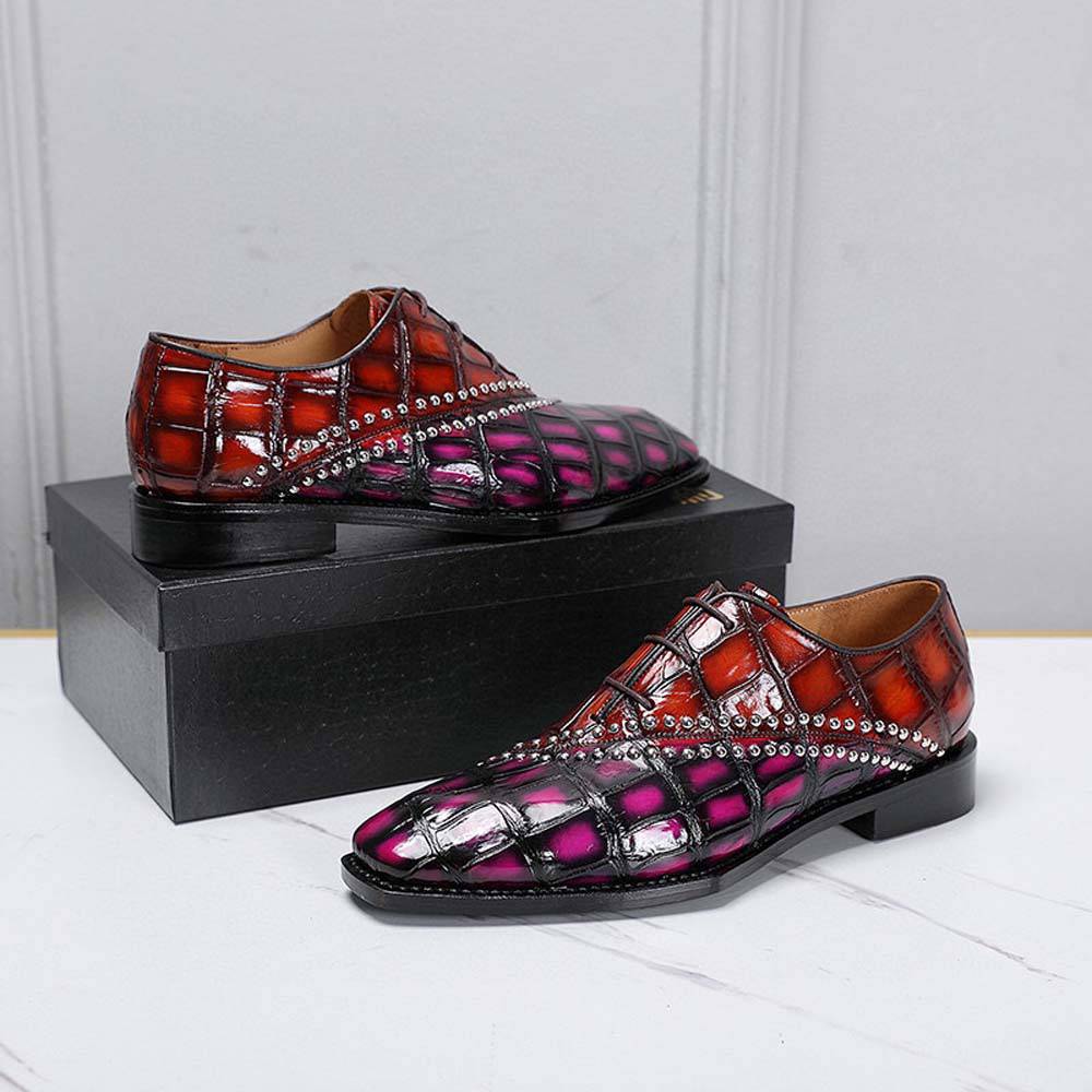 Crocodile Shoes Men's Crocodile Leather Shoes Lace Up Shoes Vintage Brown & Pink