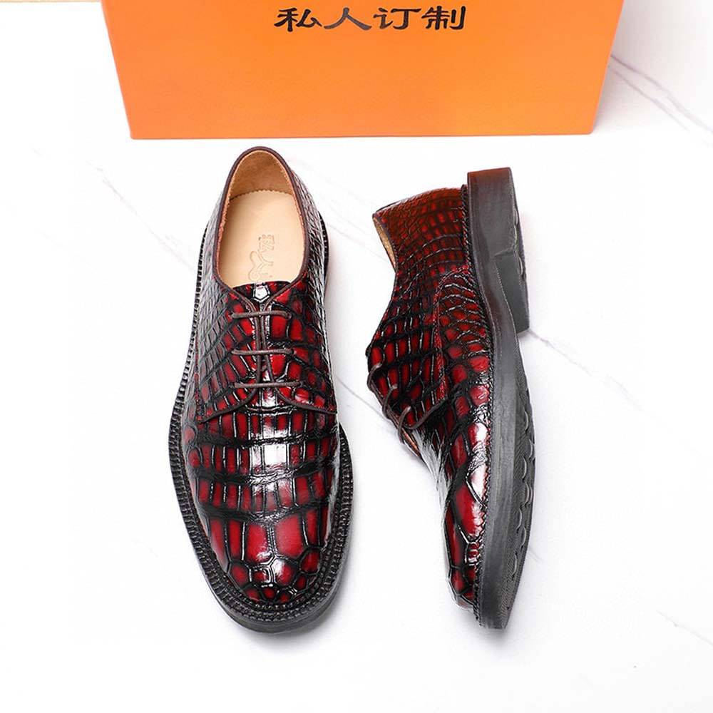 Crocodile Shoes Men's Crocodile Leather Shoes Lace Up Shoes Vintage Red