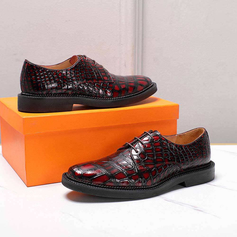 Crocodile Shoes Men's Crocodile Leather Shoes Lace Up Shoes Vintage Red