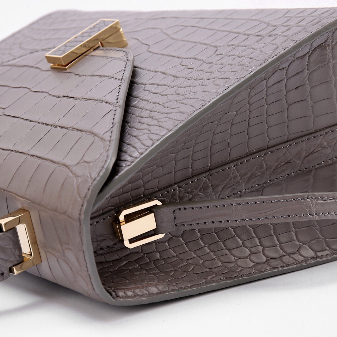 Genuine Crocodile Skin Leather Top Handle Bags Grey