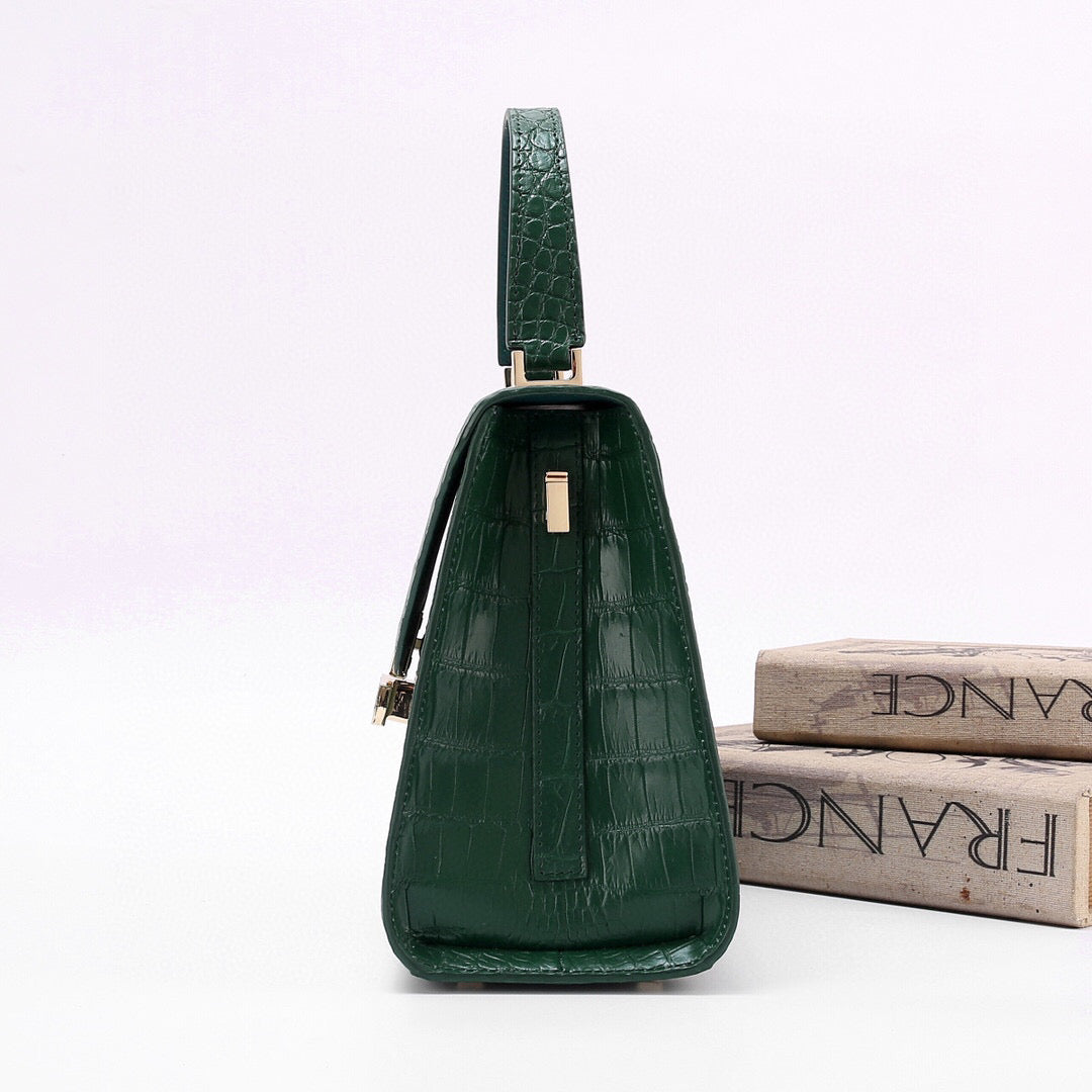 Genuine Crocodile Skin Leather Top Handle Bags Dark Green