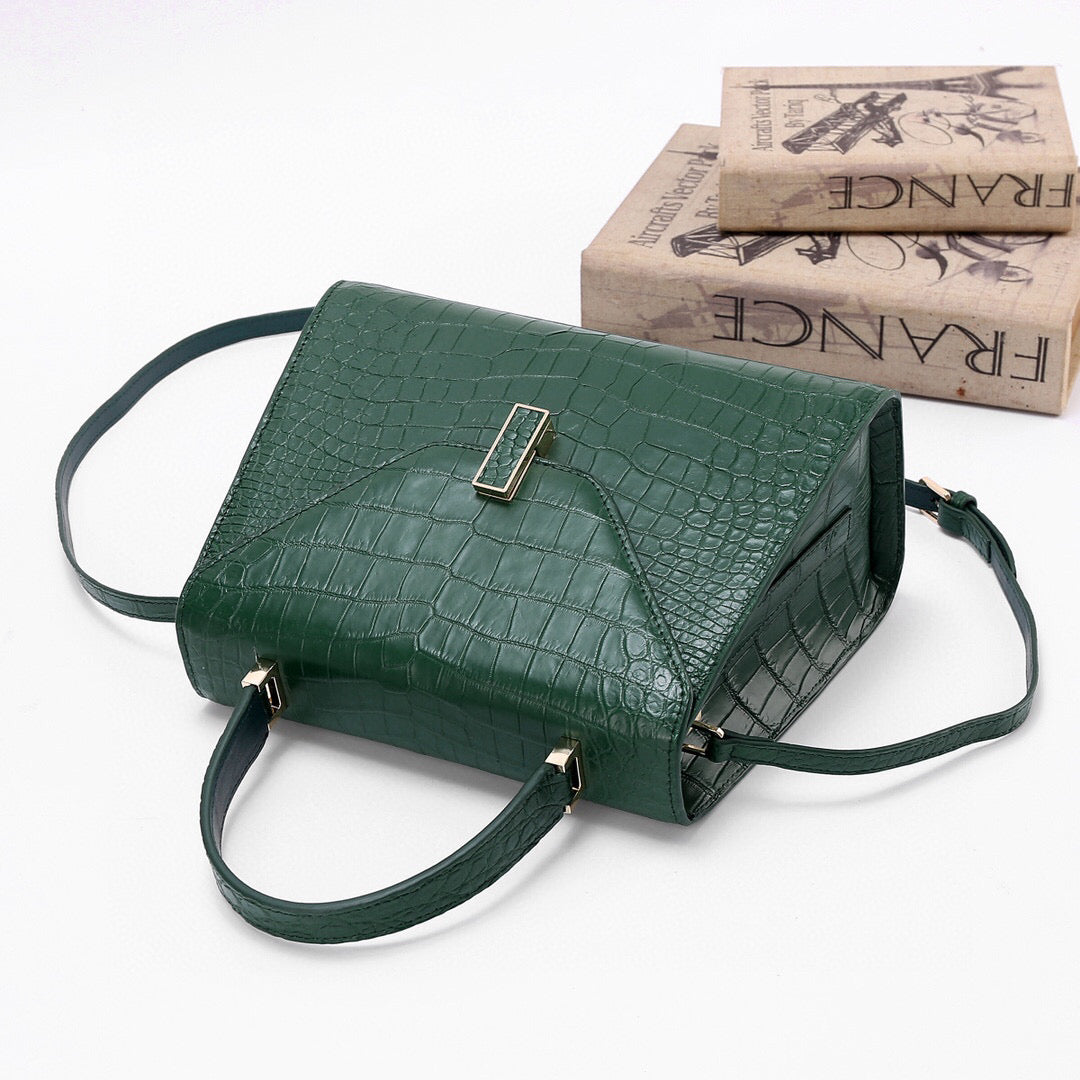 Genuine Crocodile Skin Leather Top Handle Bags Dark Green