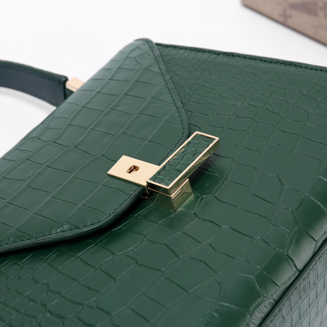 Genuine Crocodile Skin Leather Top Handle Bags Dark Green