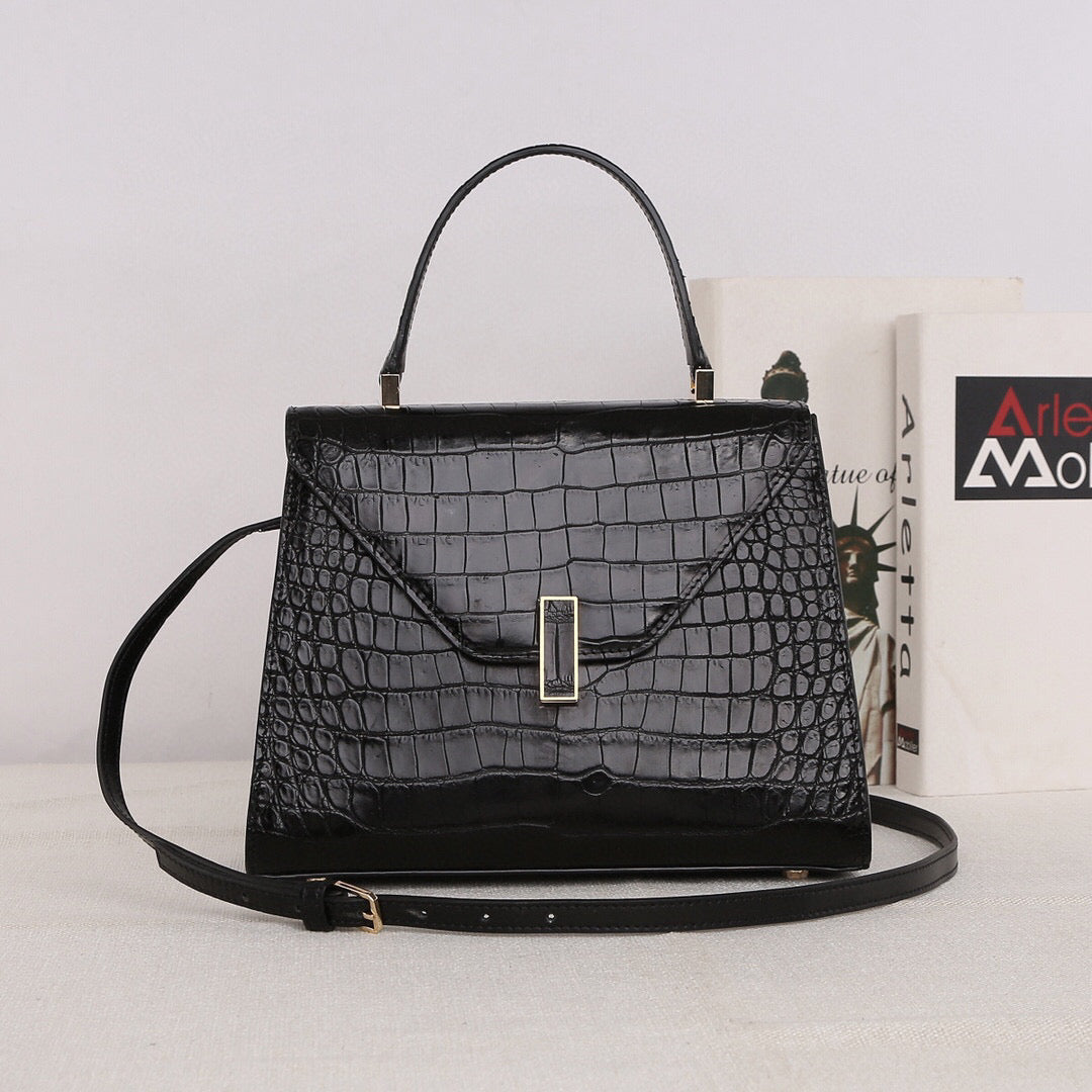 Genuine Crocodile Skin Leather Top Handle Bags Black