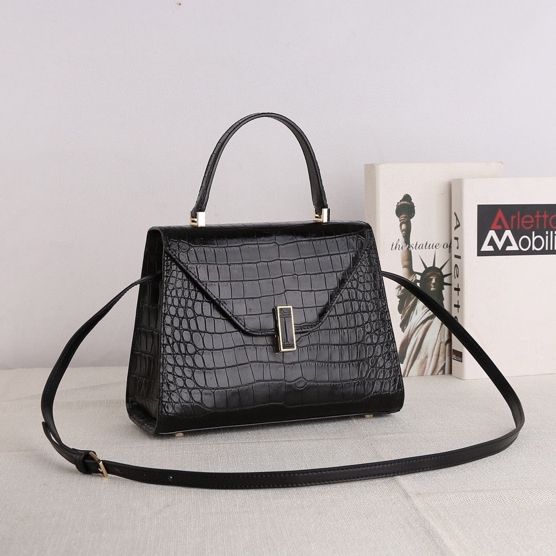 Genuine Crocodile Skin Leather Top Handle Bags Black