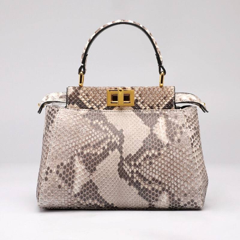 Womens Large Python Leather Bag Bamboo Top Handle Cross Body Handbag