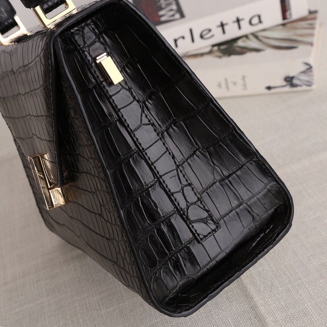 Genuine Crocodile Skin Leather Top Handle Bags Black