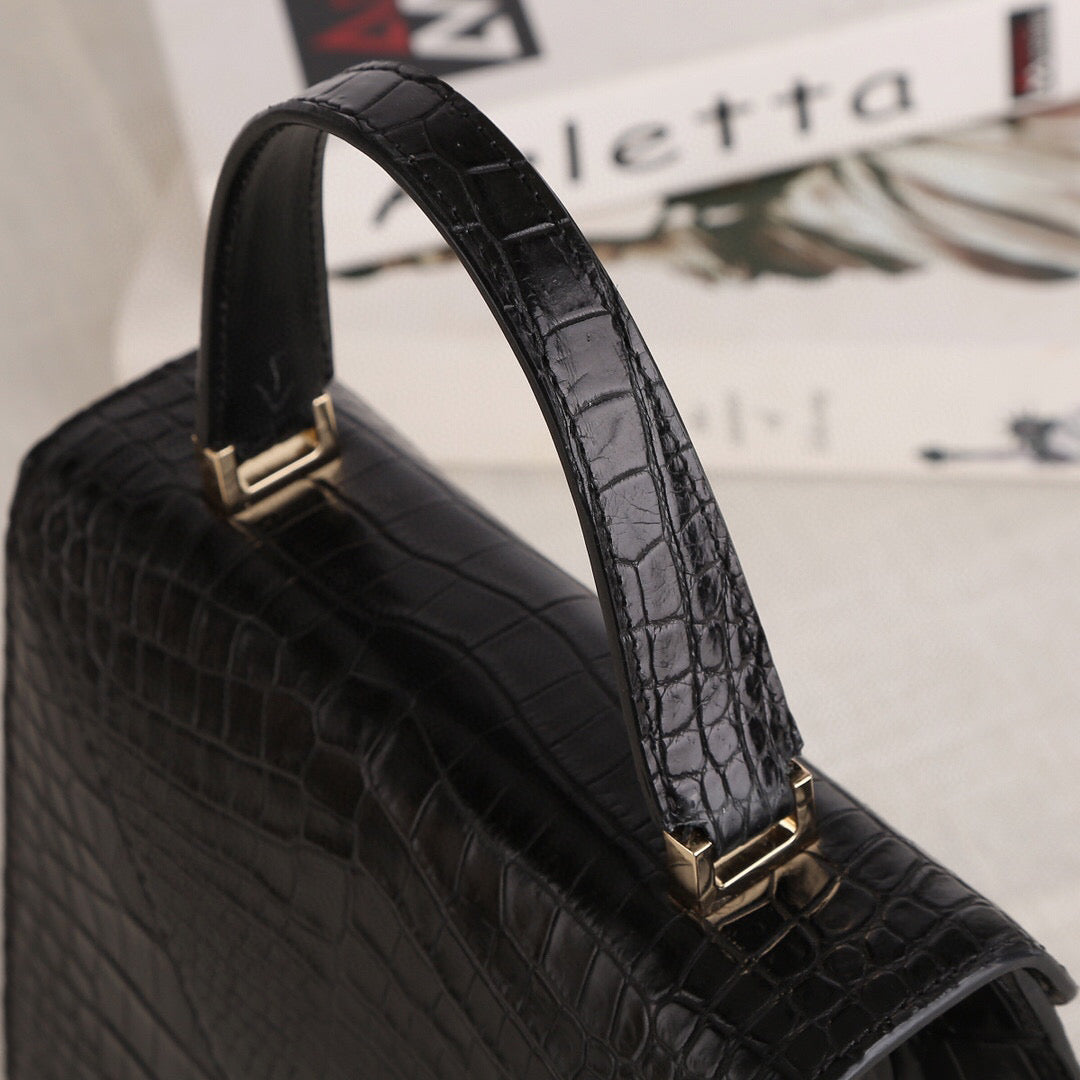 Genuine Crocodile Skin Leather Top Handle Bags Black