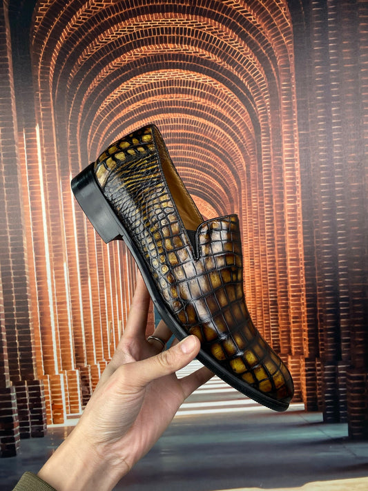 Crocodile Shoes Vintage Brown Genuine Crocodile Skin Leather Slip-On Loafer Shoes