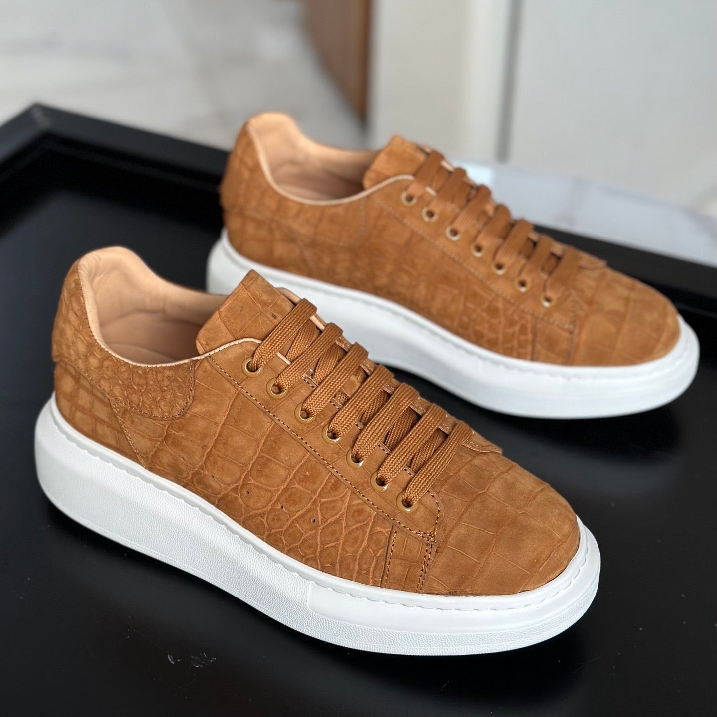 Crocodile Sneakers , Nubuck Genuine Crocodile Leather Sneakers Tan
