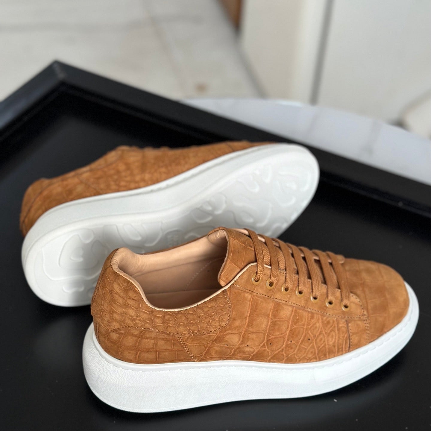 Crocodile Sneakers , Nubuck Genuine Crocodile Leather Sneakers Tan