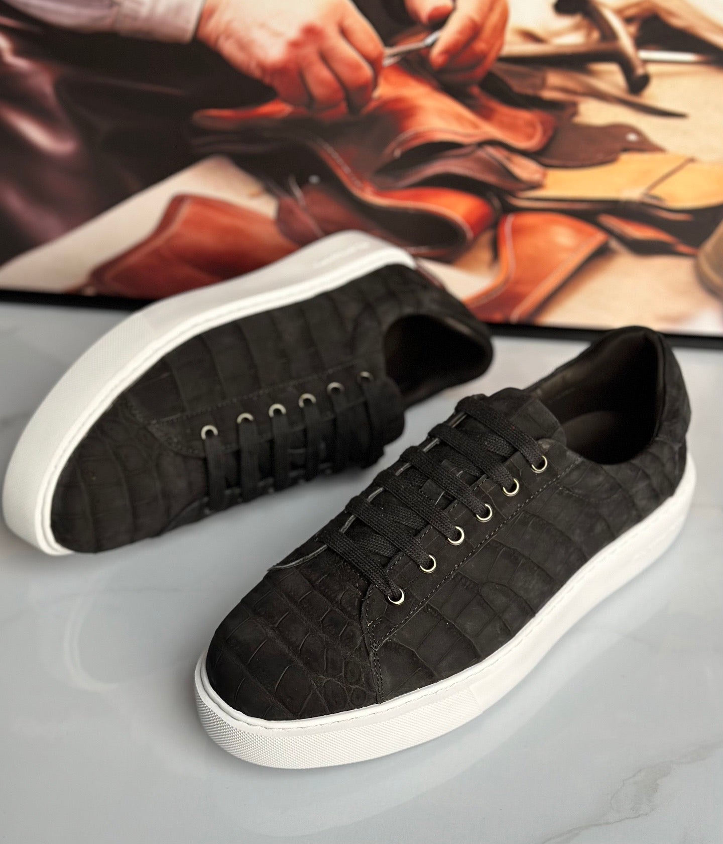 Crocodile Sneakers , Nubuck Genuine Crocodile Leather Sneakers Black