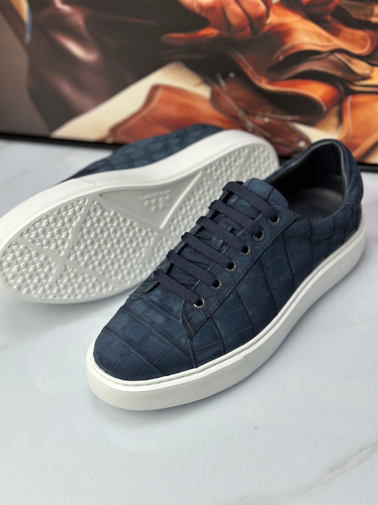 Crocodile Sneakers , Nubuck Genuine Crocodile Leather Sneakers Dark Blue