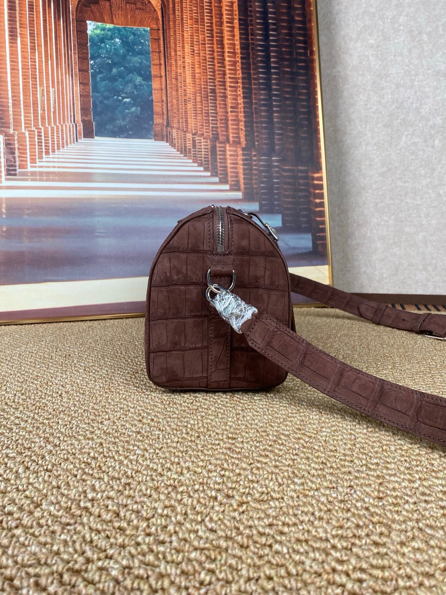 Men's Nubuck Crocodile Leather Crossbody Bag Brown