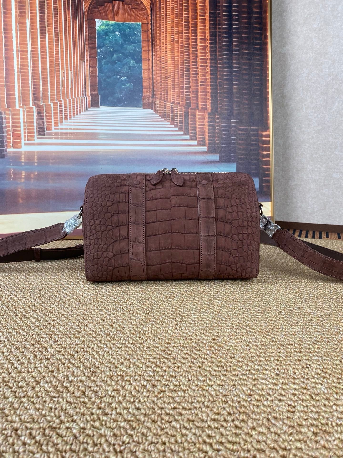 Men's Nubuck Crocodile Leather Crossbody Bag Brown