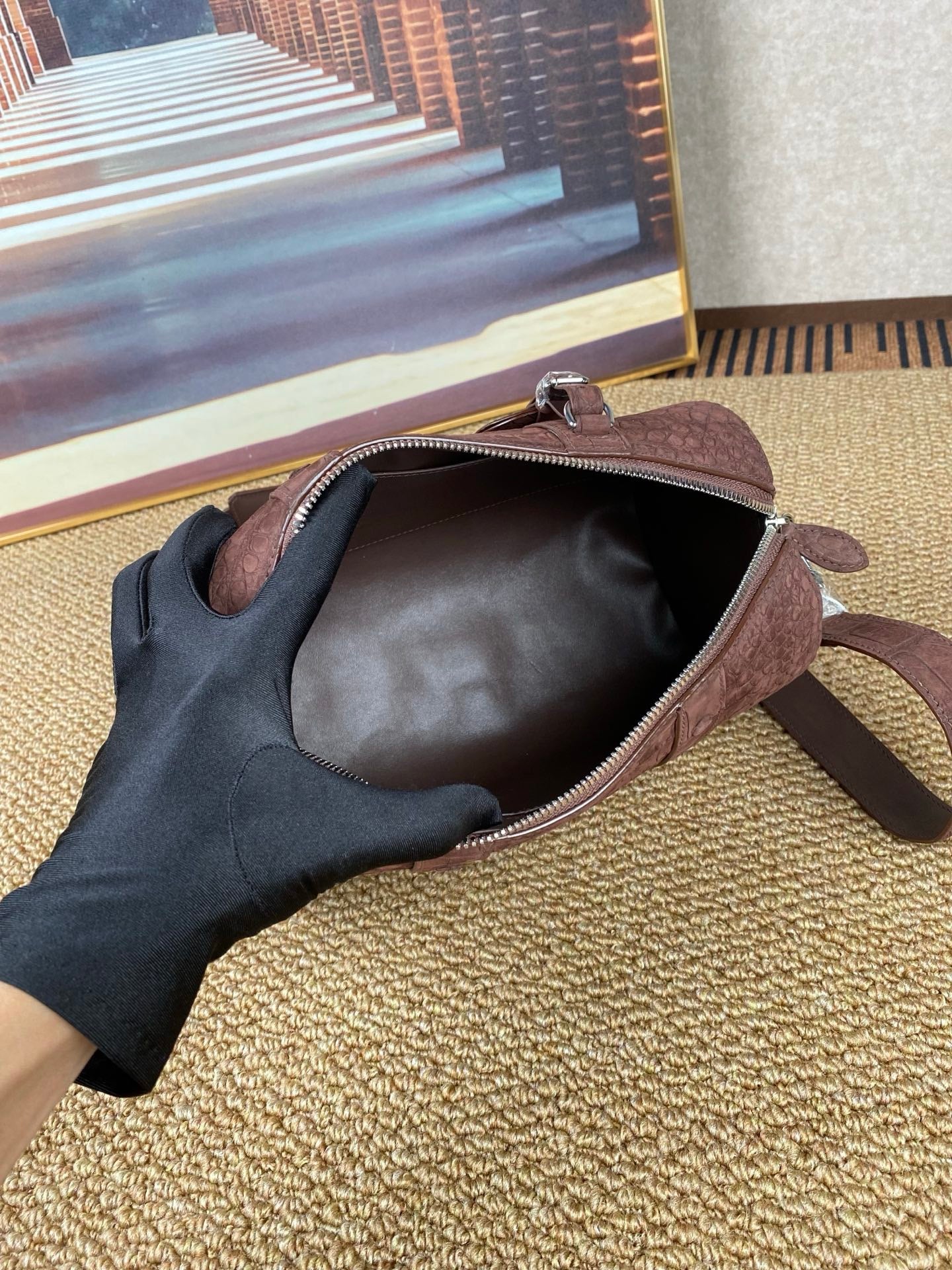 Men's Nubuck Crocodile Leather Crossbody Bag Brown