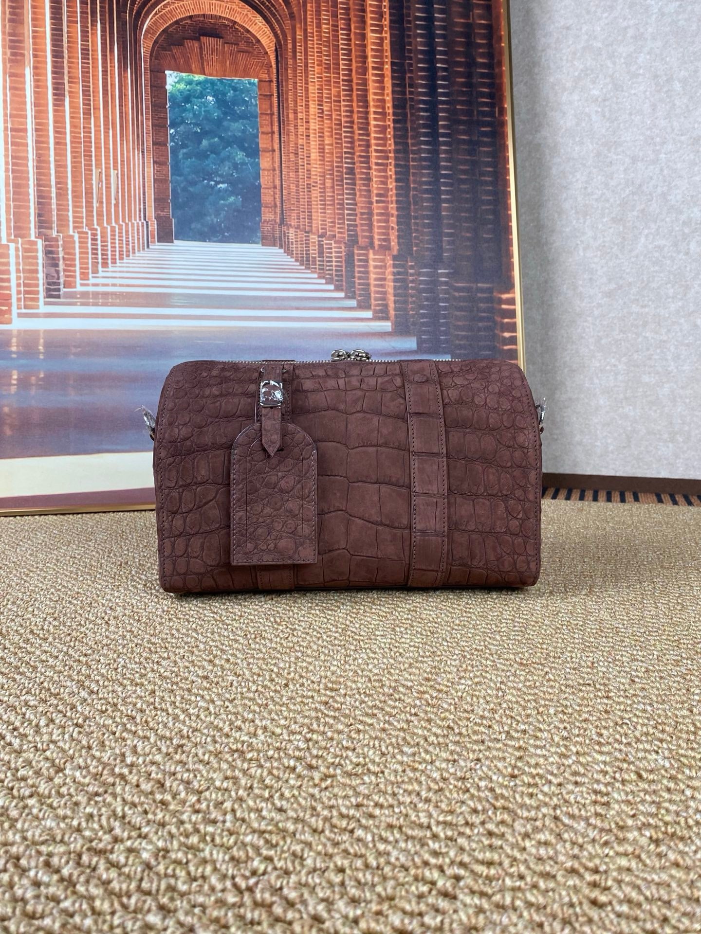 Men's Nubuck Crocodile Leather Crossbody Bag Brown