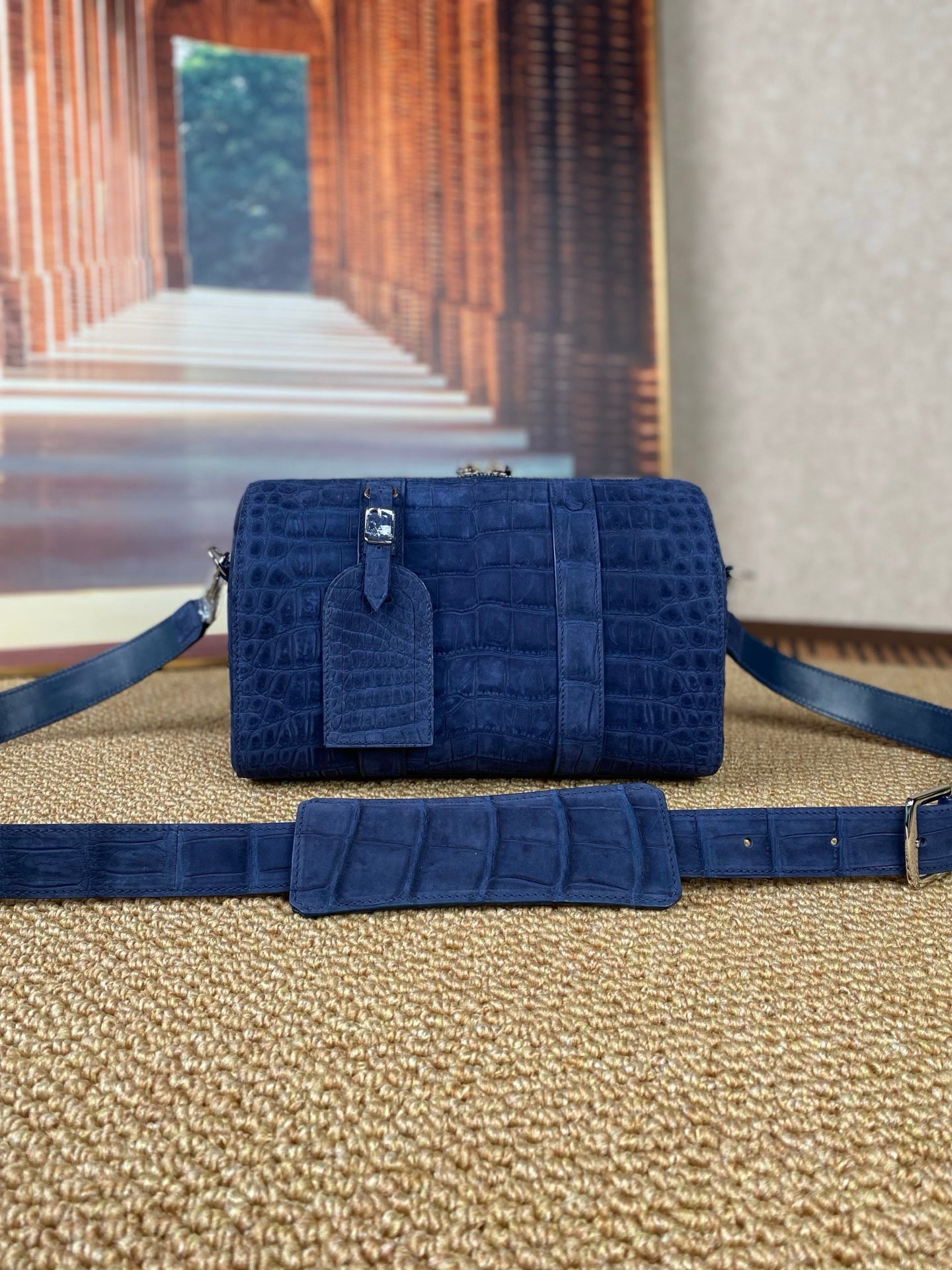 Men's Nubuck Crocodile Leather Crossbody Bag Blue