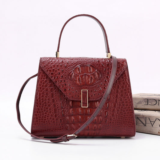 Genuine Crocodile Skin Bone Leather Top Handle Bags Wine Red