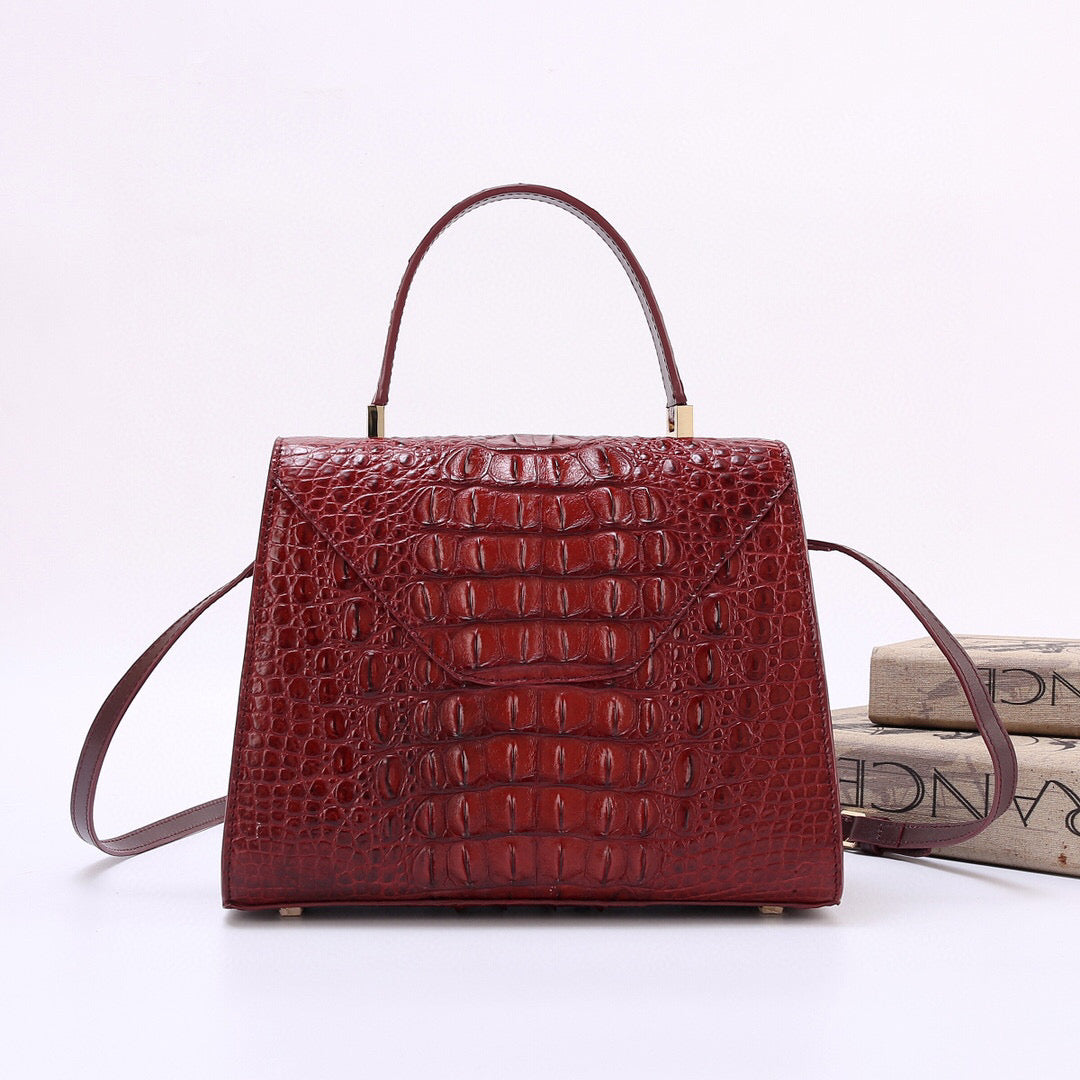 Genuine Crocodile Skin Bone Leather Top Handle Bags Wine Red