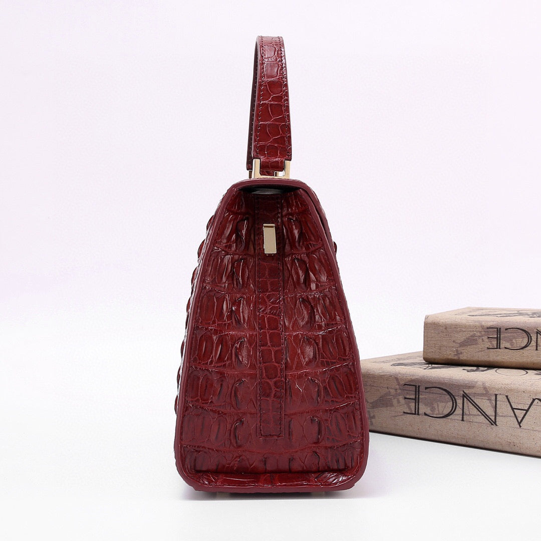 Genuine Crocodile Skin Bone Leather Top Handle Bags Wine Red