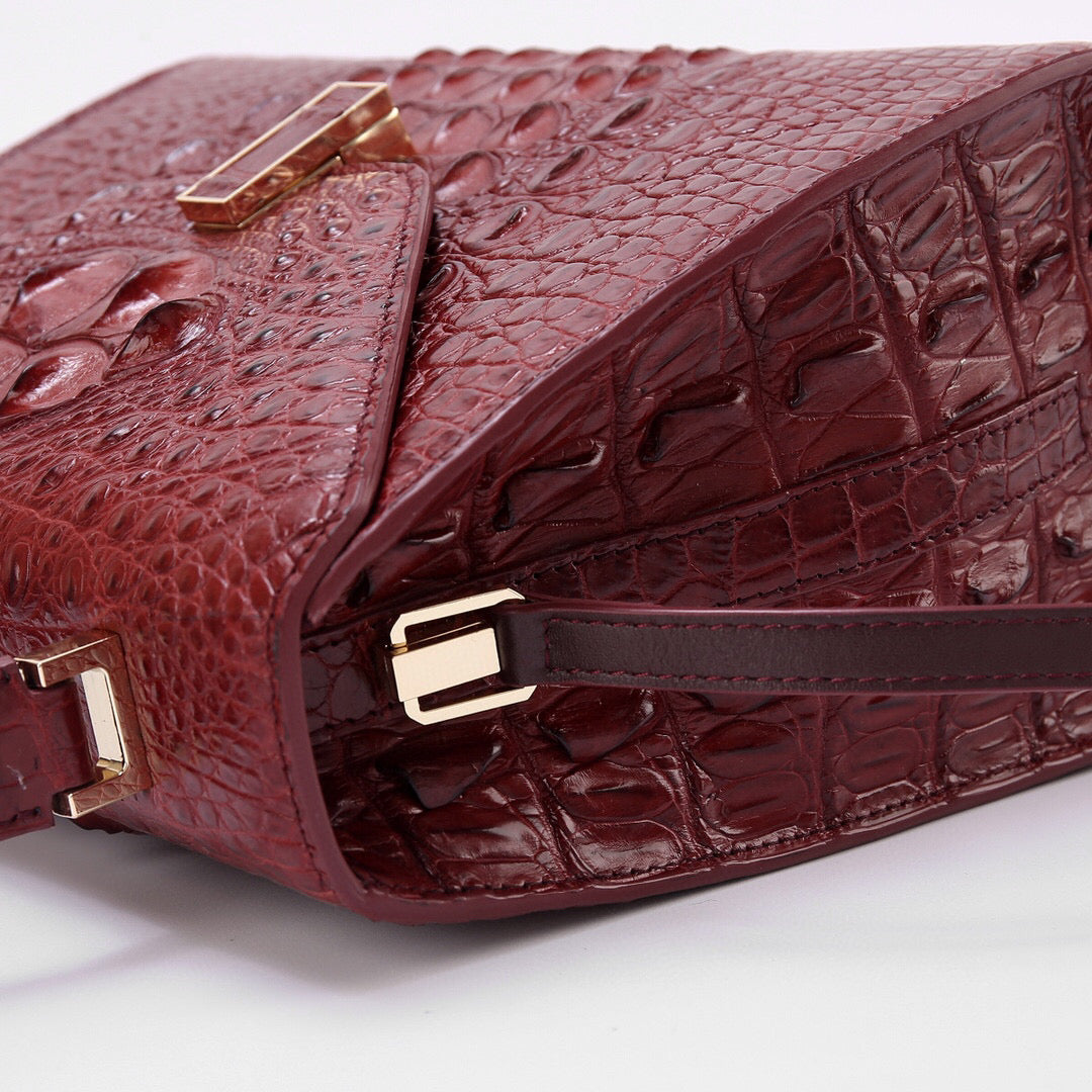 Genuine Crocodile Skin Bone Leather Top Handle Bags Wine Red