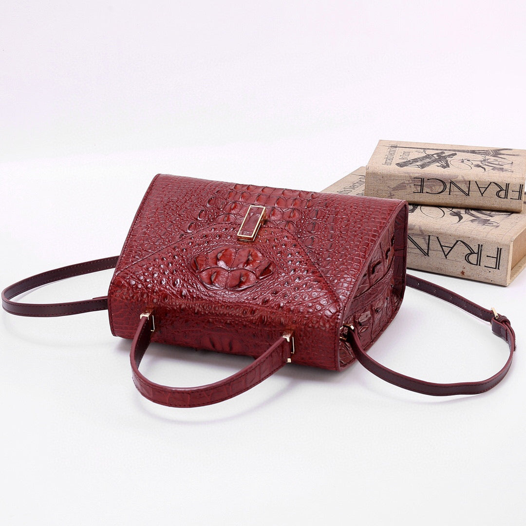 Genuine Crocodile Skin Bone Leather Top Handle Bags Wine Red