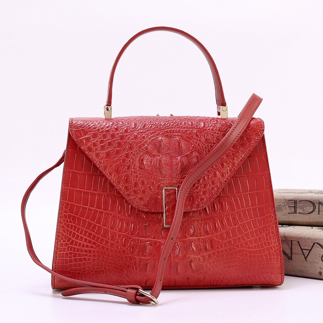 Genuine Crocodile Skin Bone Leather Top Handle Bags Red