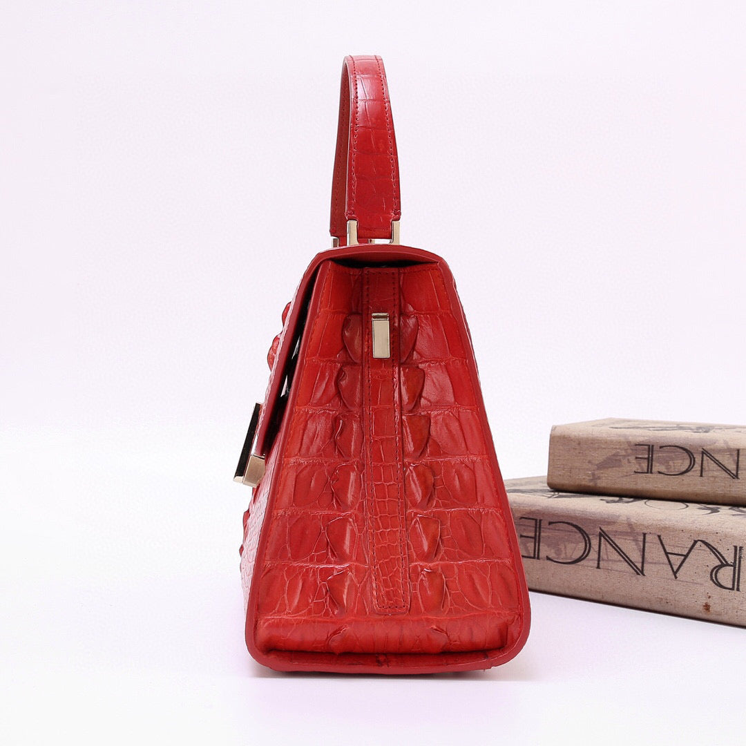 Genuine Crocodile Skin Bone Leather Top Handle Bags Red