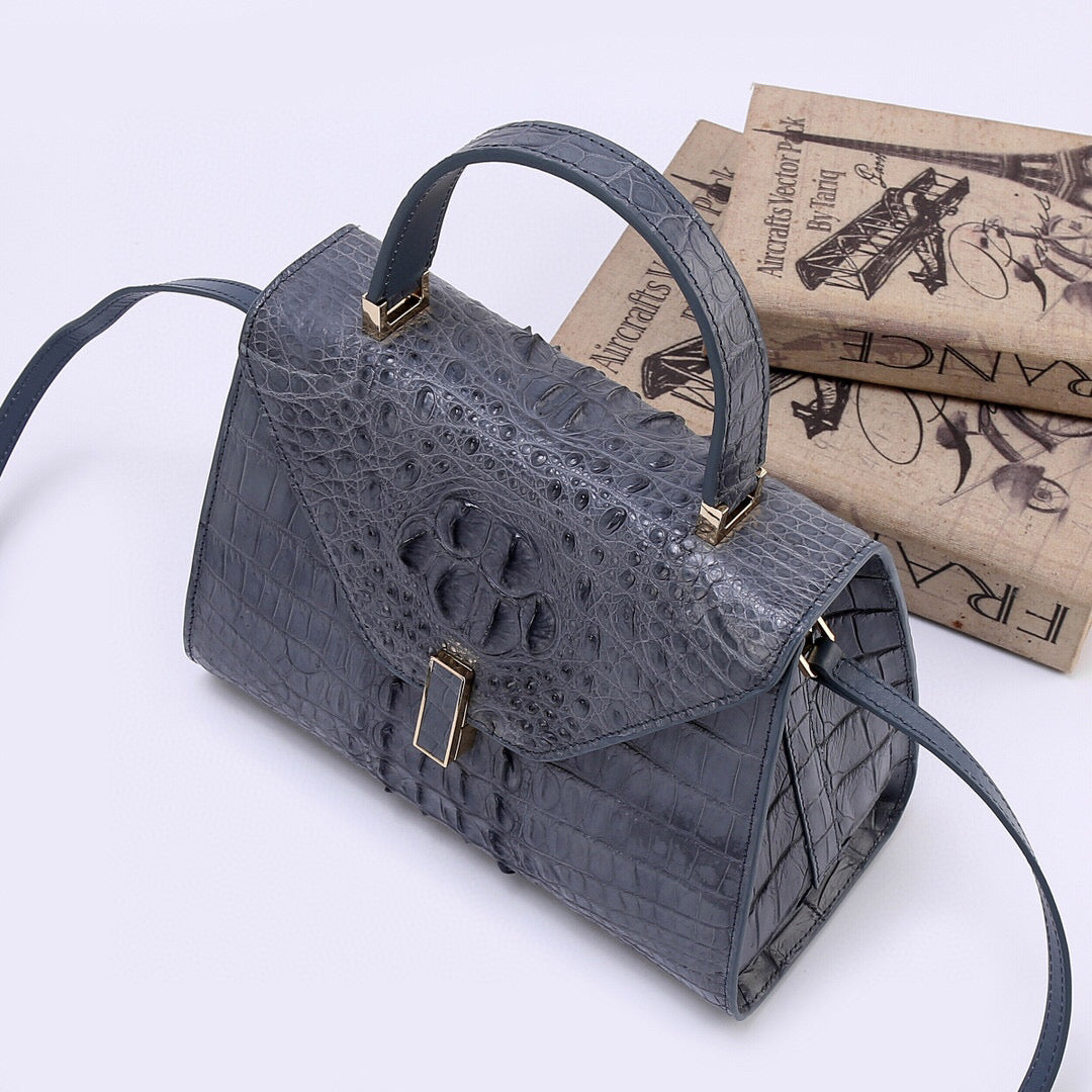 Genuine Crocodile Skin Bone Leather Top Handle Bags Grey