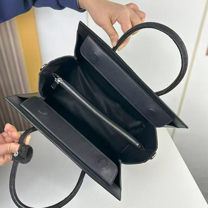 Womens Genuine Stingray Skin Leathe Shopper Tote Bag Black