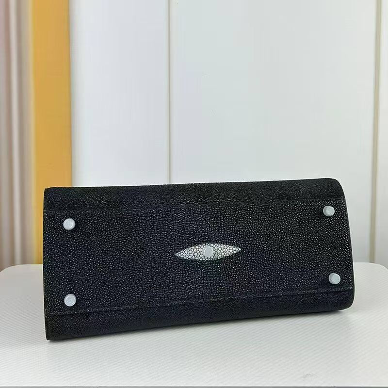 Womens Genuine Stingray Skin Leathe Shopper Tote Bag Black