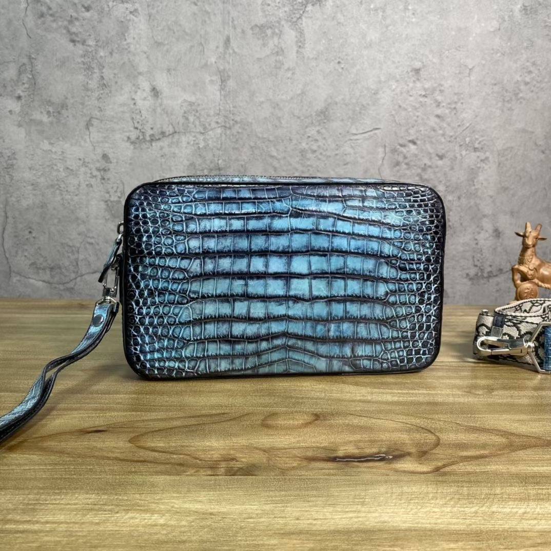 Mens Vintage Blue Atoll Genuine Crocodile Skin Leather Clutch With Wrist Strap