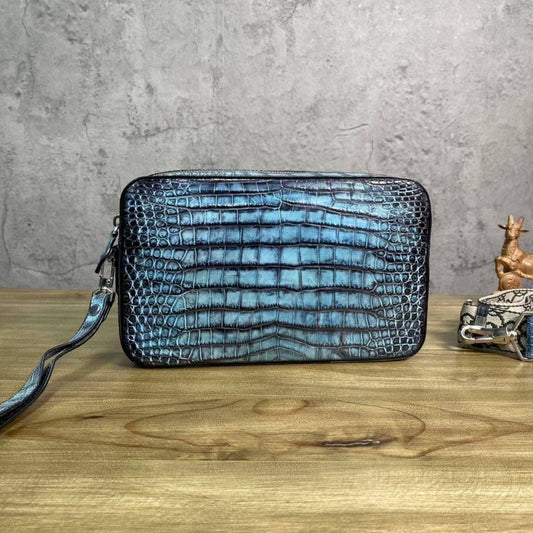 Mens Vintage Blue Atoll Genuine Crocodile Skin Leather Clutch With Wrist Strap