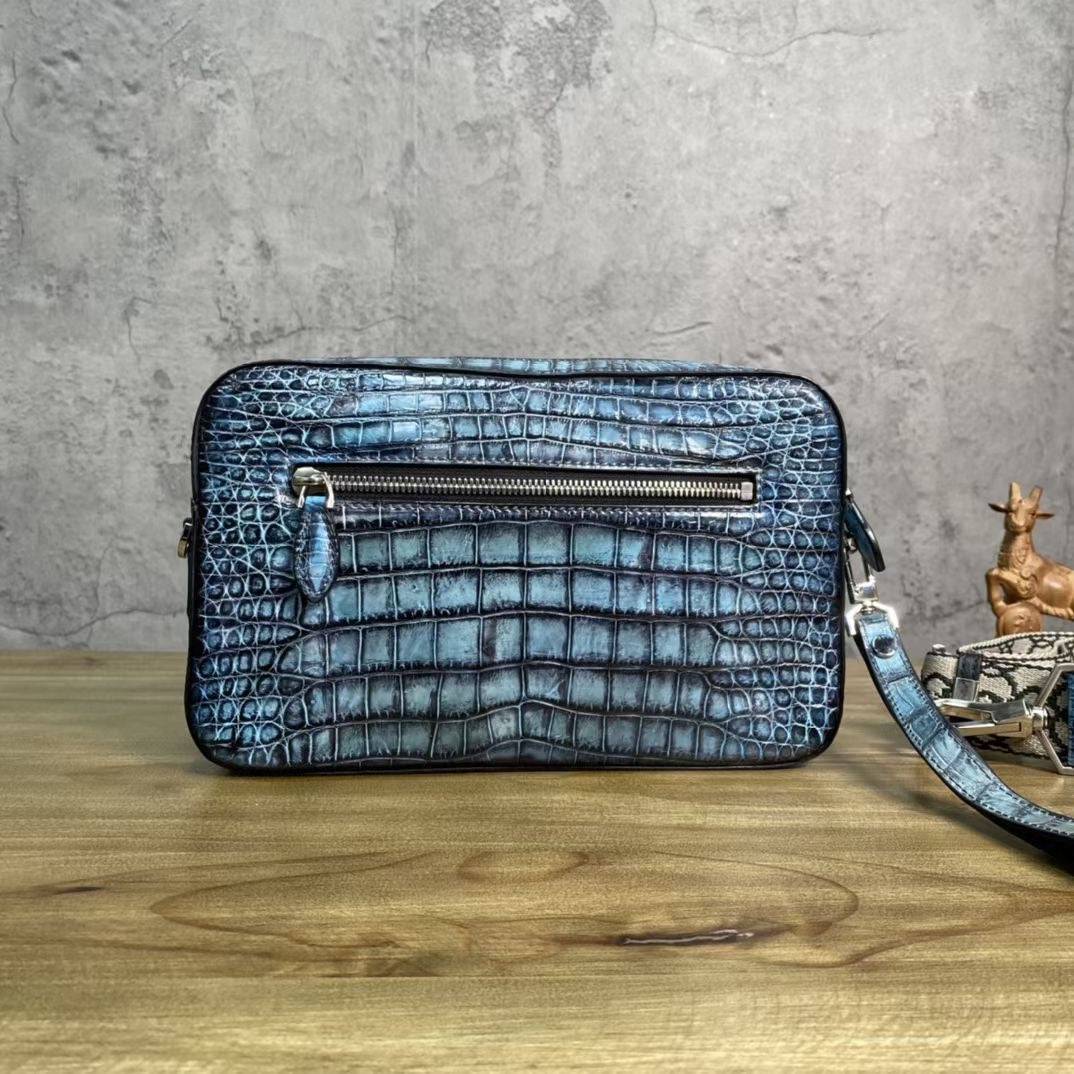 Mens Vintage Blue Atoll Genuine Crocodile Skin Leather Clutch With Wrist Strap