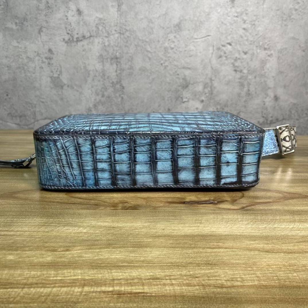 Mens Vintage Blue Atoll Genuine Crocodile Skin Leather Clutch With Wrist Strap