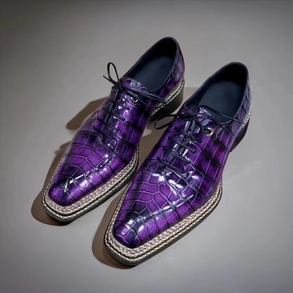Crocodile Leather Norwegian Nine-Line Sewn Goodyear Fiddleback Sole  Lace Up Dress Shoes Vintage Fuchsia