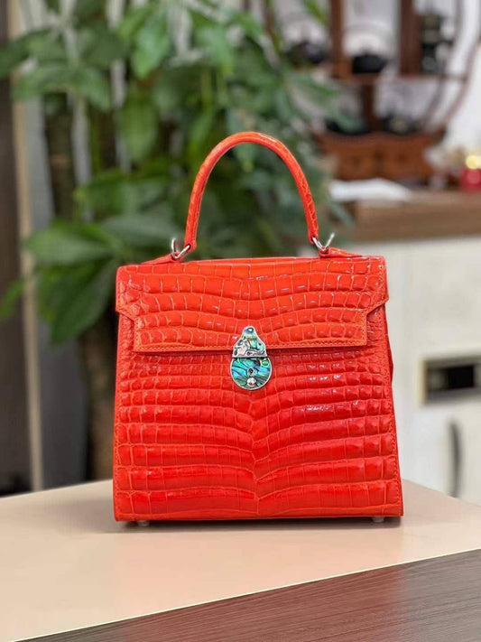 Womens Shiny Beaded Crocodile Leather Top Handle Bag