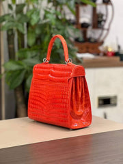 Womens Shiny Beaded Crocodile Leather Top Handle Bag
