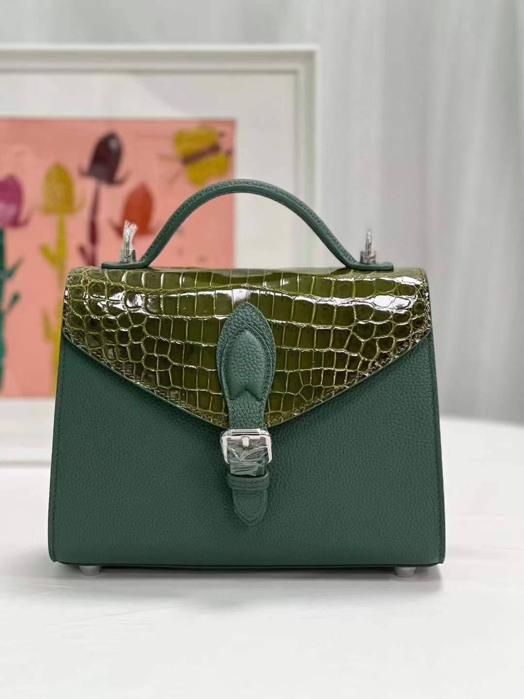 Womens Top Handle Bag Togo Leather  / Shiny Himalaya Green Crocodile Skin Silver Hardware