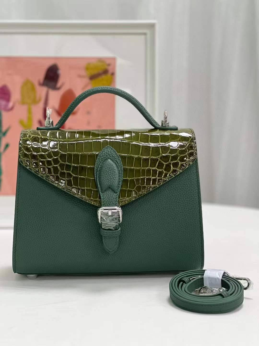 Womens Top Handle Bag Togo Leather  / Shiny Himalaya Green Crocodile Skin Silver Hardware