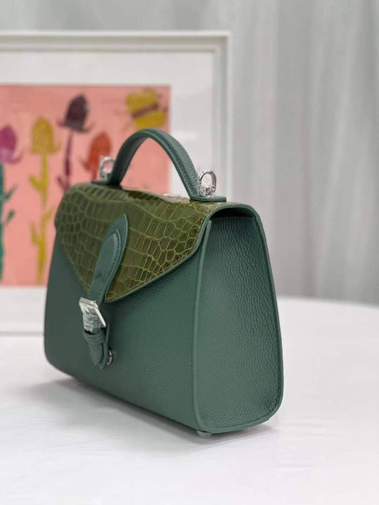 Womens Top Handle Bag Togo Leather  / Shiny Himalaya Green Crocodile Skin Silver Hardware