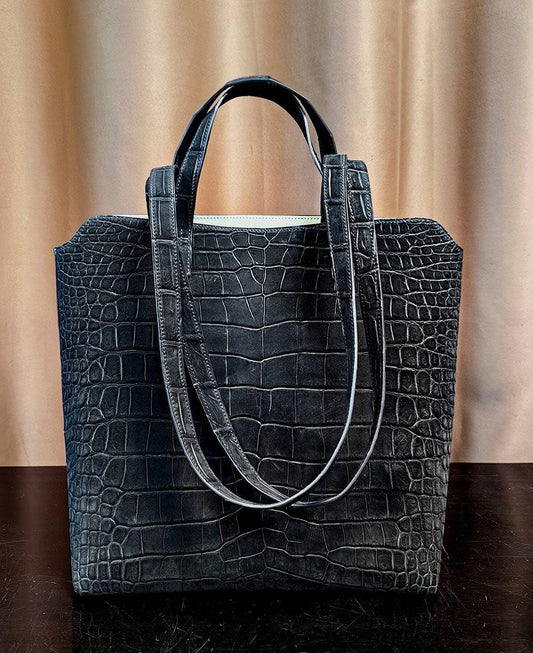 Suede Crocodile Leather  Shopper Tote Bag