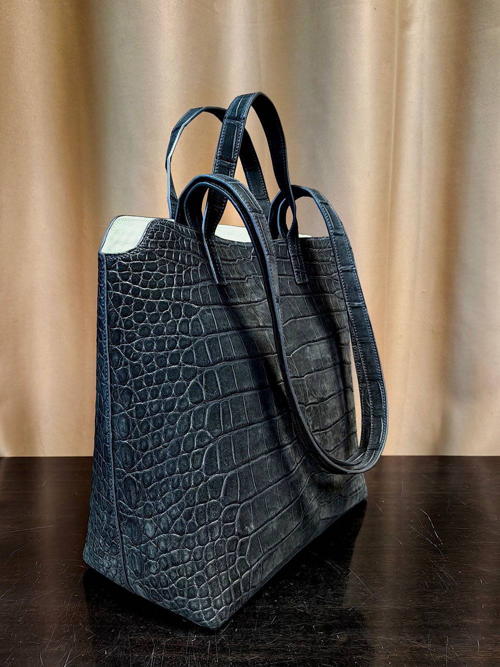 Suede Crocodile Leather  Shopper Tote Bag