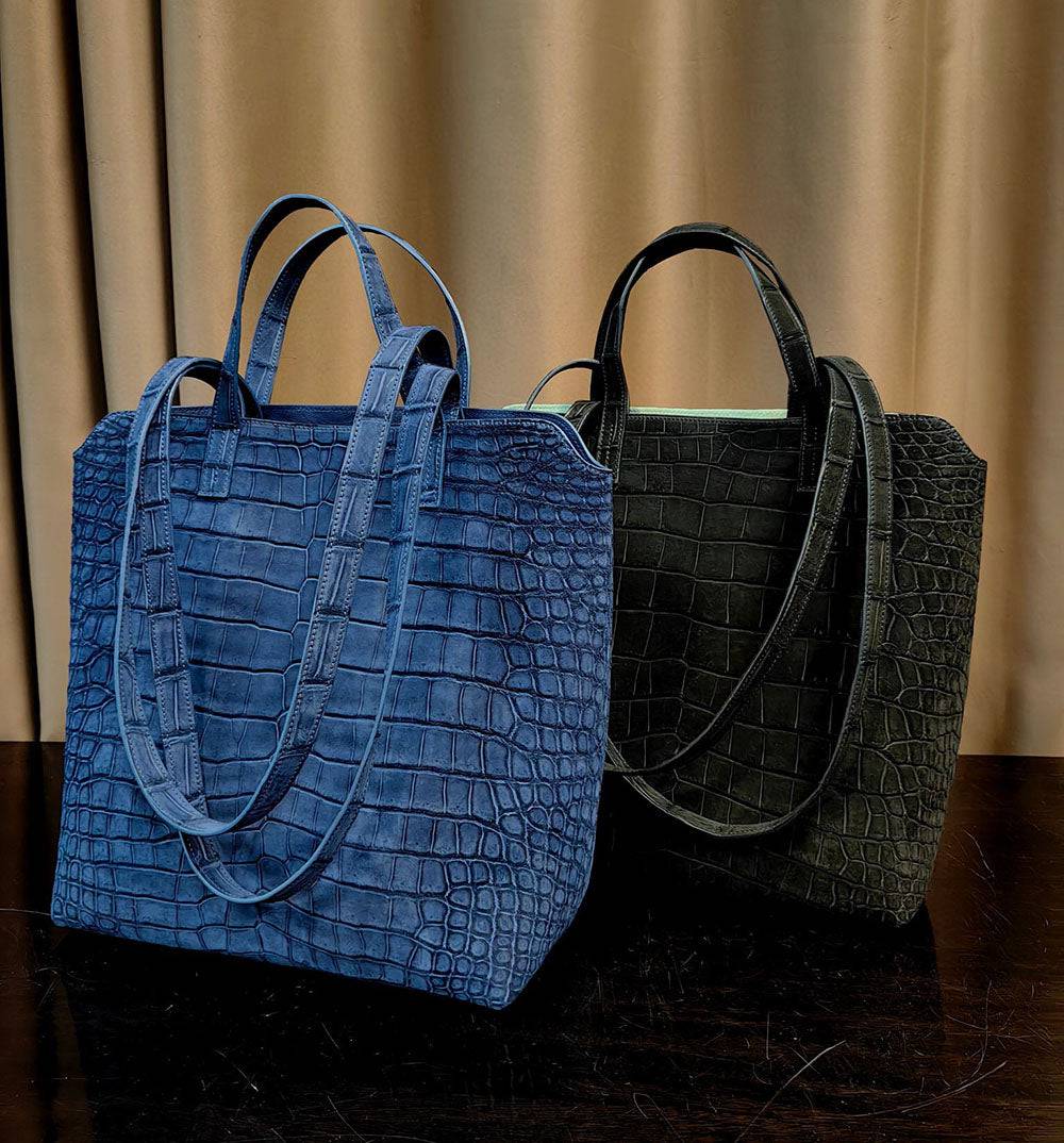 Suede Crocodile Leather  Shopper Tote Bag